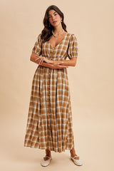 Camel Plaid Button Down Maternity Maxi Dress