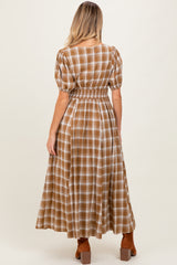 Camel Plaid Button Down Maternity Maxi Dress