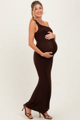 Brown Double Strap One Shoulder Maternity Maxi Dress