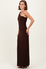 Brown Double Strap One Shoulder Maxi Dress