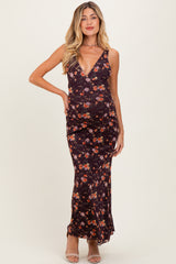 Brown Floral Deep V-Neck Sleeveless Maternity Maxi Dress