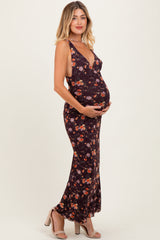 Brown Floral Deep V-Neck Sleeveless Maternity Maxi Dress
