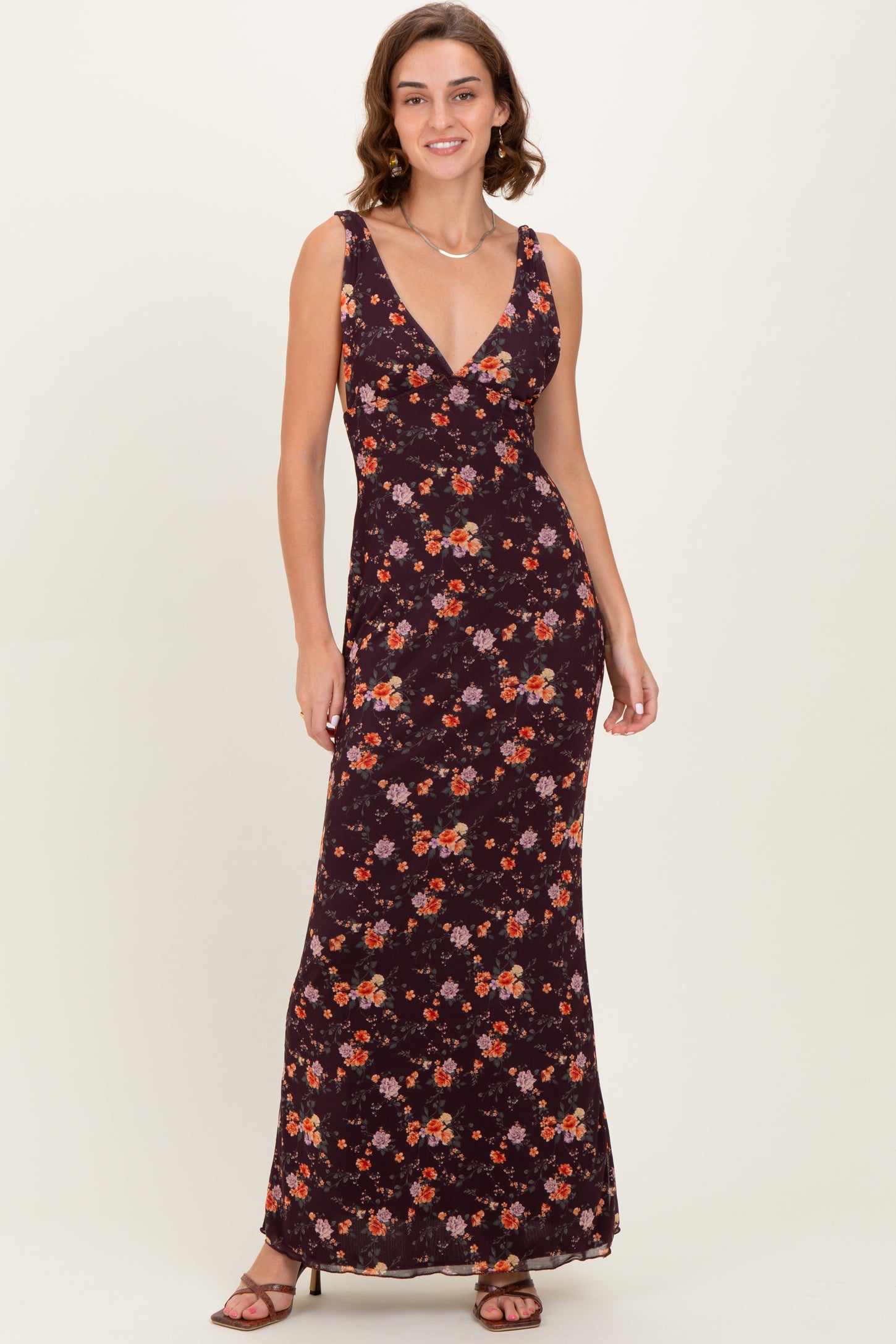 Brown Floral Deep V-Neck Sleeveless Maxi Dress