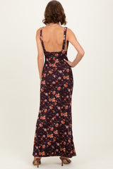Brown Floral Deep V-Neck Sleeveless Maxi Dress