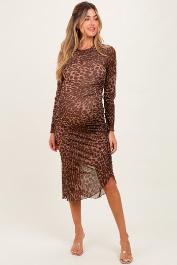 Brown Leopard Print Mesh Maternity Dress