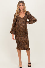 Brown Leopard Print Bodycon Maternity Midi Dress