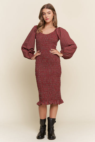 Burgundy Plaid Long Sleeve Bodycon Midi Dress