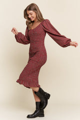 Burgundy Plaid Long Sleeve Bodycon Midi Dress