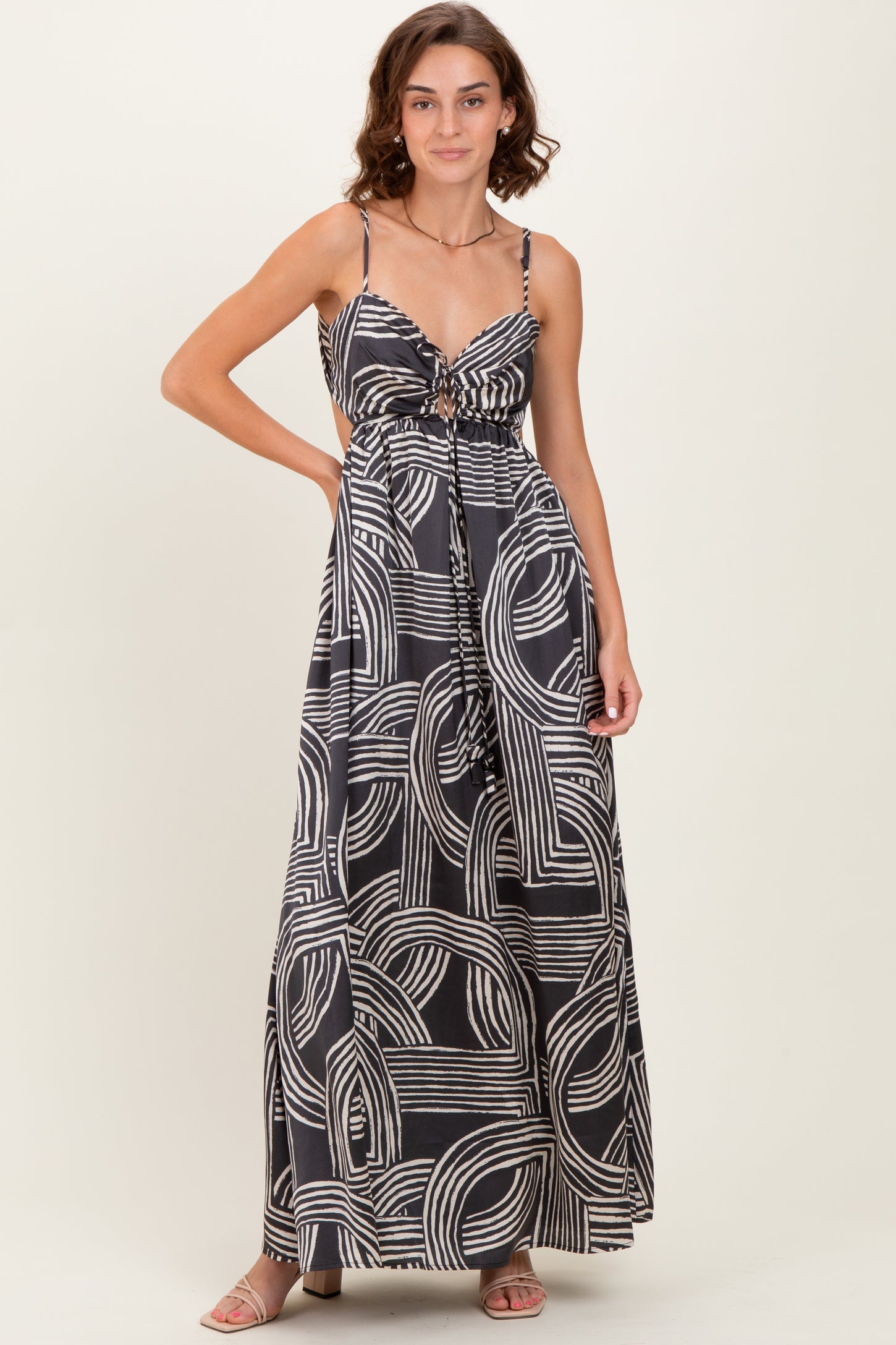 Black Printed Halter Cutout Tie Back Maxi Dress