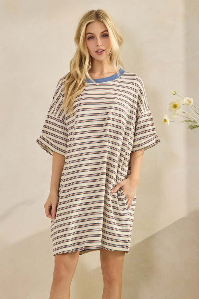 Cream Stripe Knit Short Sleeve Maternity T-Shirt Dress