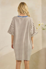 Cream Stripe Knit Short Sleeve T-Shirt Dress