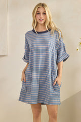 Blue Stripe Knit Short Sleeve T-Shirt Dress