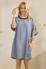 Blue Stripe Knit Short Sleeve T-Shirt Dress