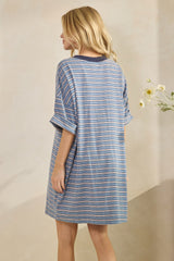 Blue Stripe Knit Short Sleeve T-Shirt Dress