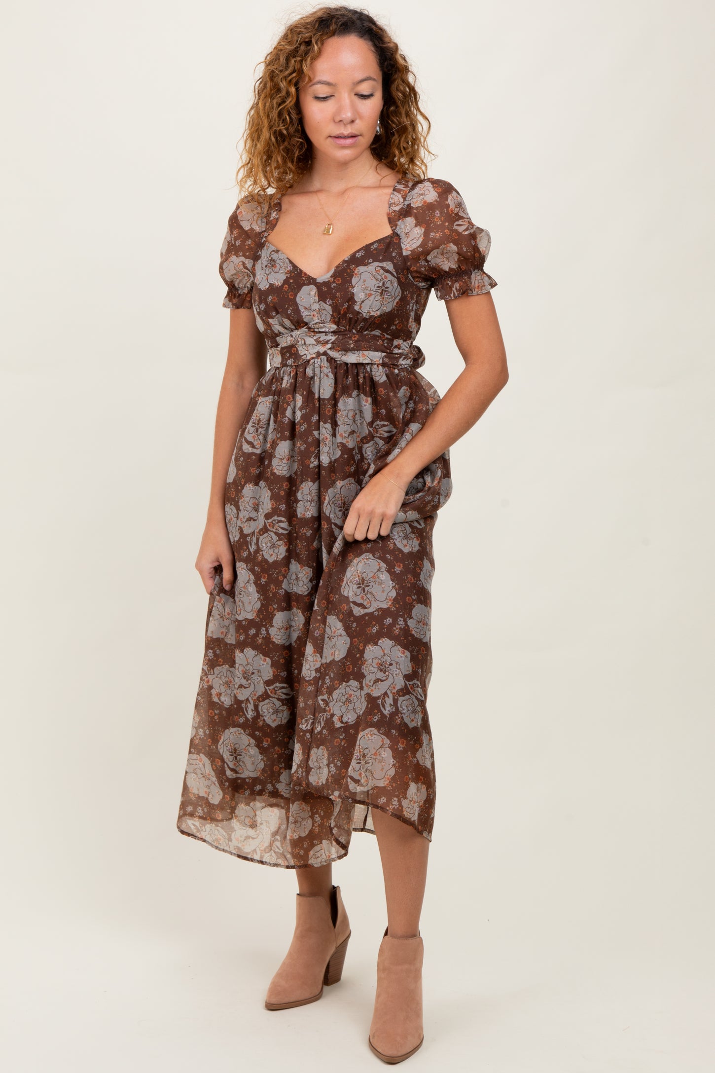 Brown Floral Chiffon Sweetheart Neckline Midi Dress