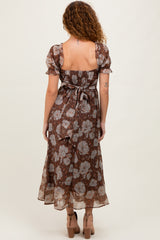 Brown Floral Chiffon Sweetheart Neckline Midi Dress