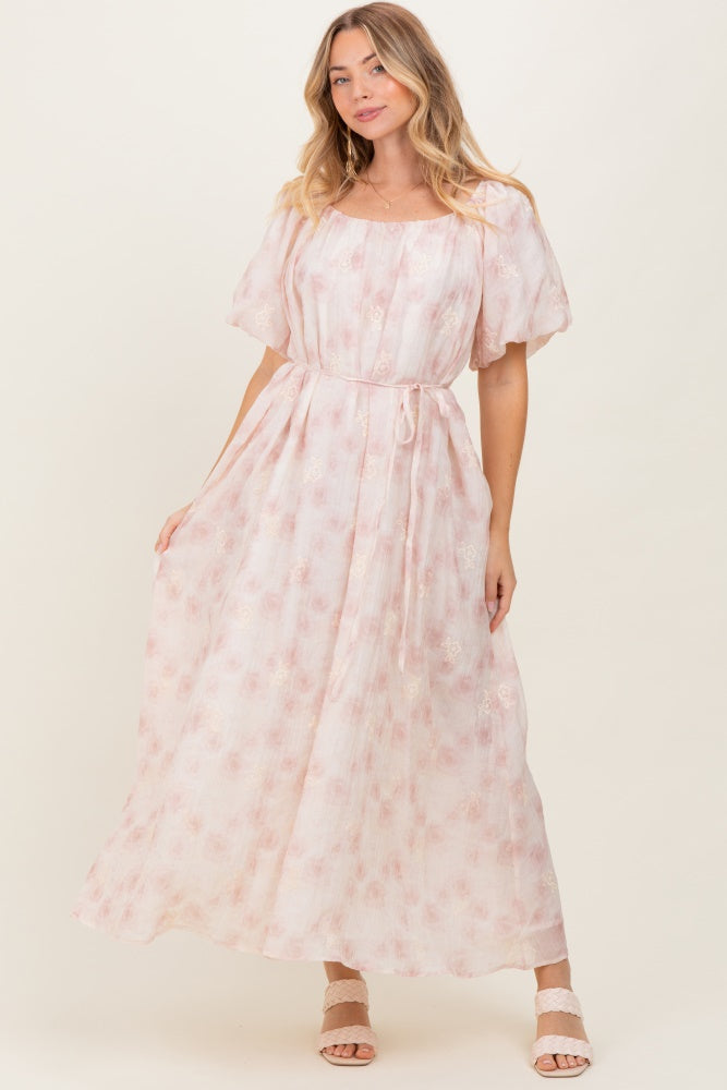 Ivory Floral Embroidered Puffed Sleeve Midi Dress