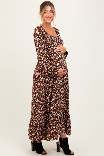 Brown Floral Square Neck Long Sleeve Maternity Maxi Dress