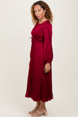 Burgundy Pleated Satin Smocked Waist Midi Dress
