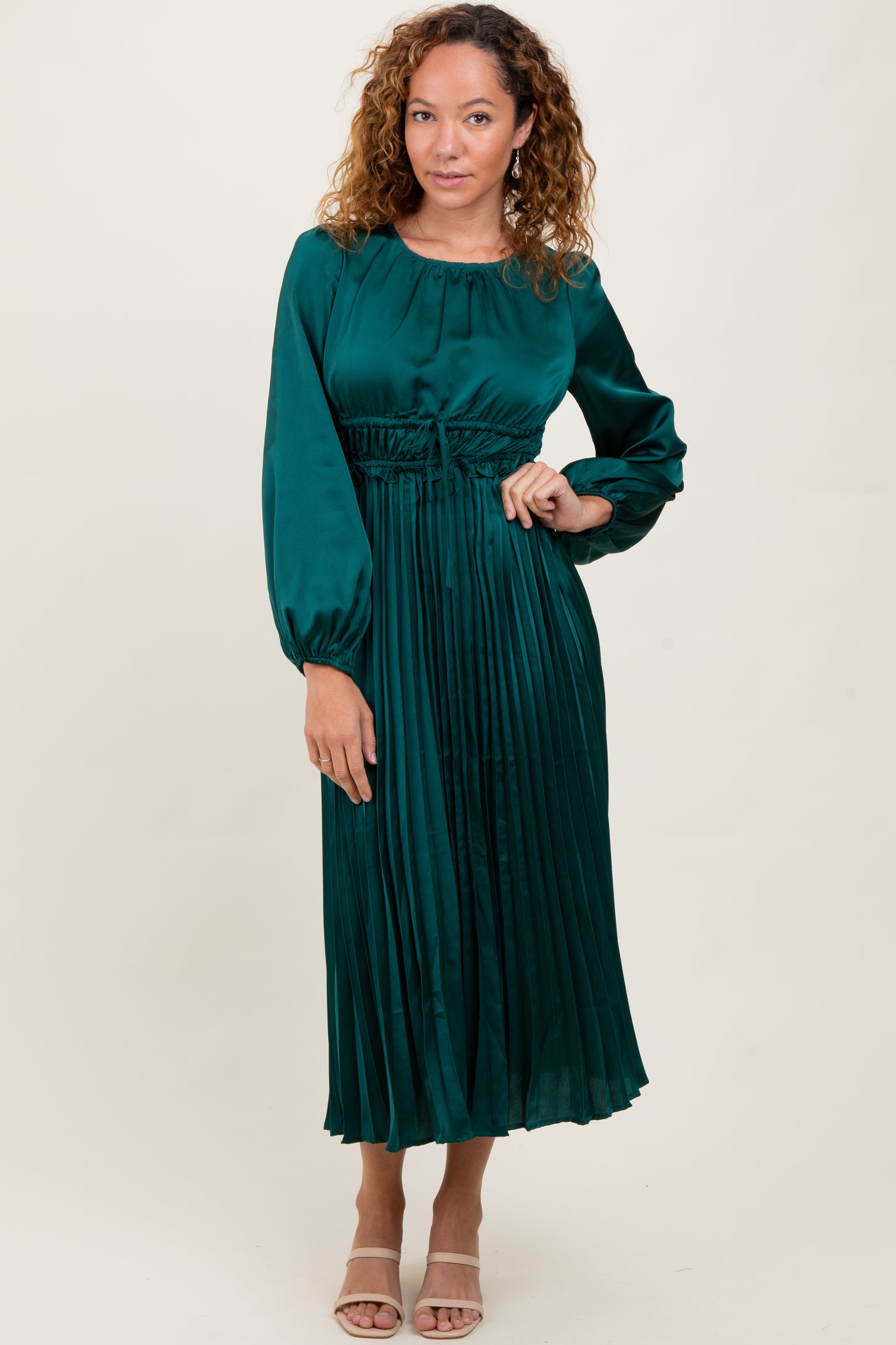 Forest Green Pleated Satin Smocked Waist Midi Dress