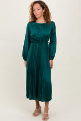 Forest Green Pleated Satin Smocked Waist Midi Dress