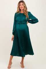 Forest Green Pleated Satin Smocked Waist Maternity Midi Dress