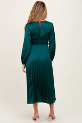 Forest Green Pleated Satin Smocked Waist Maternity Midi Dress