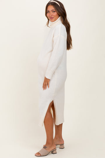 Cream Turtleneck Chunky Knit Maternity Midi Sweater Dress
