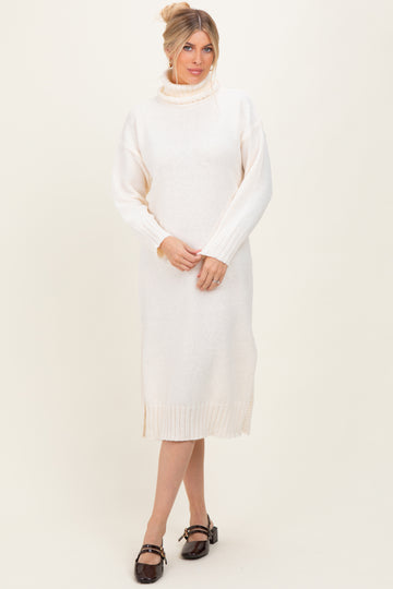 Cream Turtleneck Chunky Knit Midi Sweater Dress