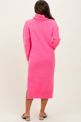 Pink Turtleneck Chunky Knit Maternity Midi Sweater Dress