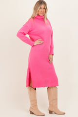 Pink Turtleneck Chunky Knit Midi Sweater Dress