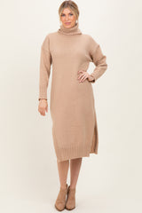 Camel Turtleneck Chunky Knit Maternity Midi Sweater Dress