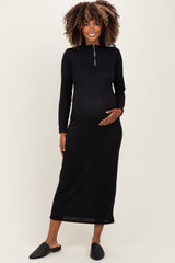 Black Textured Rib Quarter Zip Maternity Maxi Dress