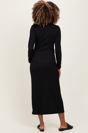 Black Textured Rib Quarter Zip Maternity Maxi Dress