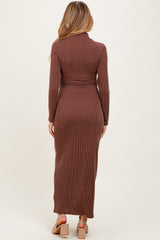 Brown Textured Rib Quarter Zip Maternity Maxi Dress