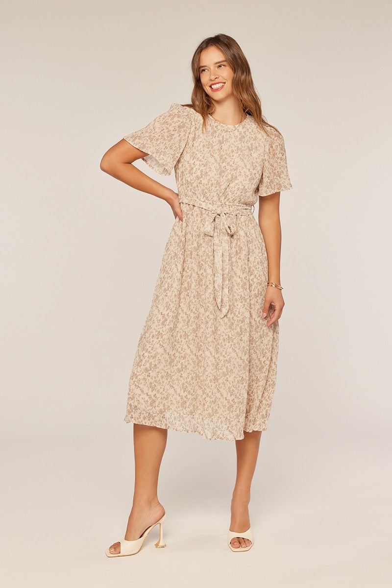 Ivory Floral Plisse Chiffon Midi Dress