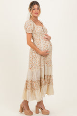 Cream Floral Lace Inset Puff Sleeve Maternity Maxi Dress
