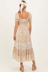Cream Floral Lace Inset Puff Sleeve Maternity Maxi Dress