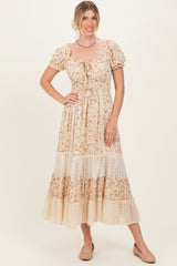 Cream Floral Lace Inset Puff Sleeve Maxi Dress