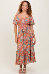 Pink Floral Smocked Puffed Sleeve Midi Dress
