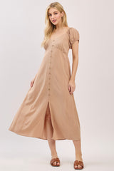 Camel Button Accent Front Slit Maternity Midi Dress
