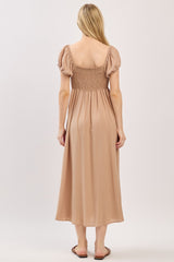 Camel Button Accent Front Slit Midi Dress