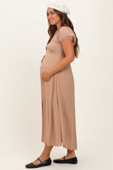 Camel Button Accent Front Slit Maternity Midi Dress