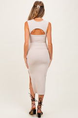 Beige Cutout Fitted Maternity Midi Dress