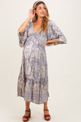 Light Grey Floral Twisted Front Tiered Maternity Midi Dress