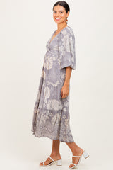 Light Grey Floral Twisted Front Tiered Midi Dress