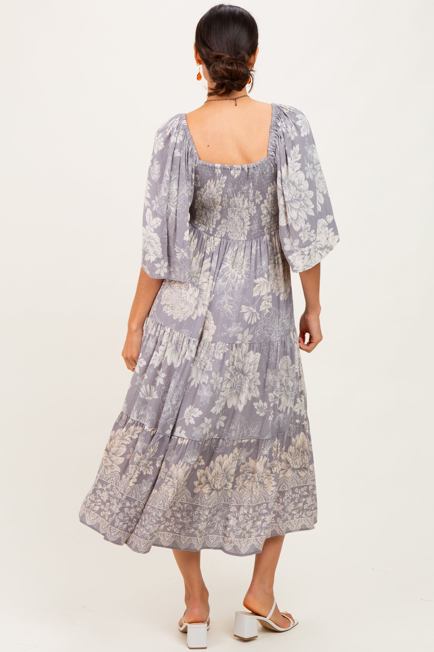 Light Grey Floral Twisted Front Tiered Midi Dress