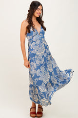 Blue Floral Cutout Tie Back Maternity Midi Dress