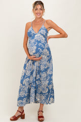 Blue Floral Cutout Tie Back Maternity Midi Dress