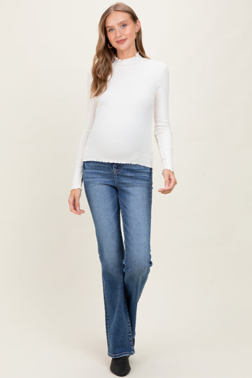 Ivory Lettuce Edge Mock Neck Long Sleeve Rib Maternity Top